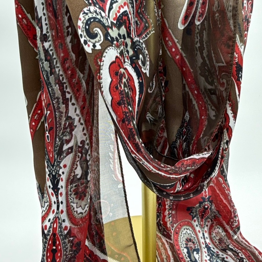 Vintage Paisley Oblong Scarf 62x14 Sheer Chiffon Red Brown Boho‎ 80s 90s